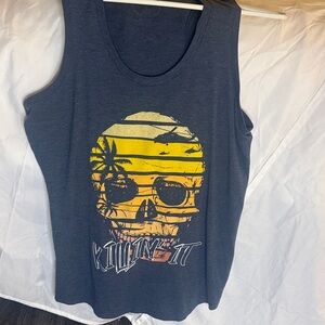 Blue Tank Top with Yellow Sunset Skull Graphic - Women's Tank